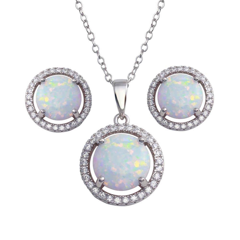 PARIKHS Rhodium Plated Synthetic Opal Halo Necklace-Earring Set with CZ in 925 Sterling Silver