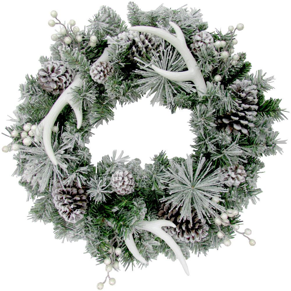 Fraser Hill 24-in. Christmas Frosted Wreath with Pinecones, Berries, and Antler Decorations