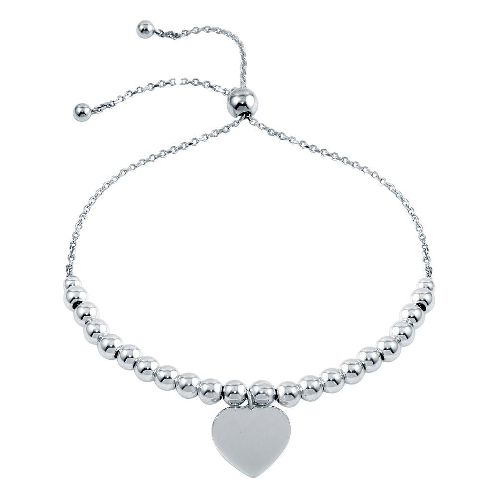 PARIKHS Rhodium Plated Beaded Engravable Heart Lariat Bracelet in 925 Sterling Silver