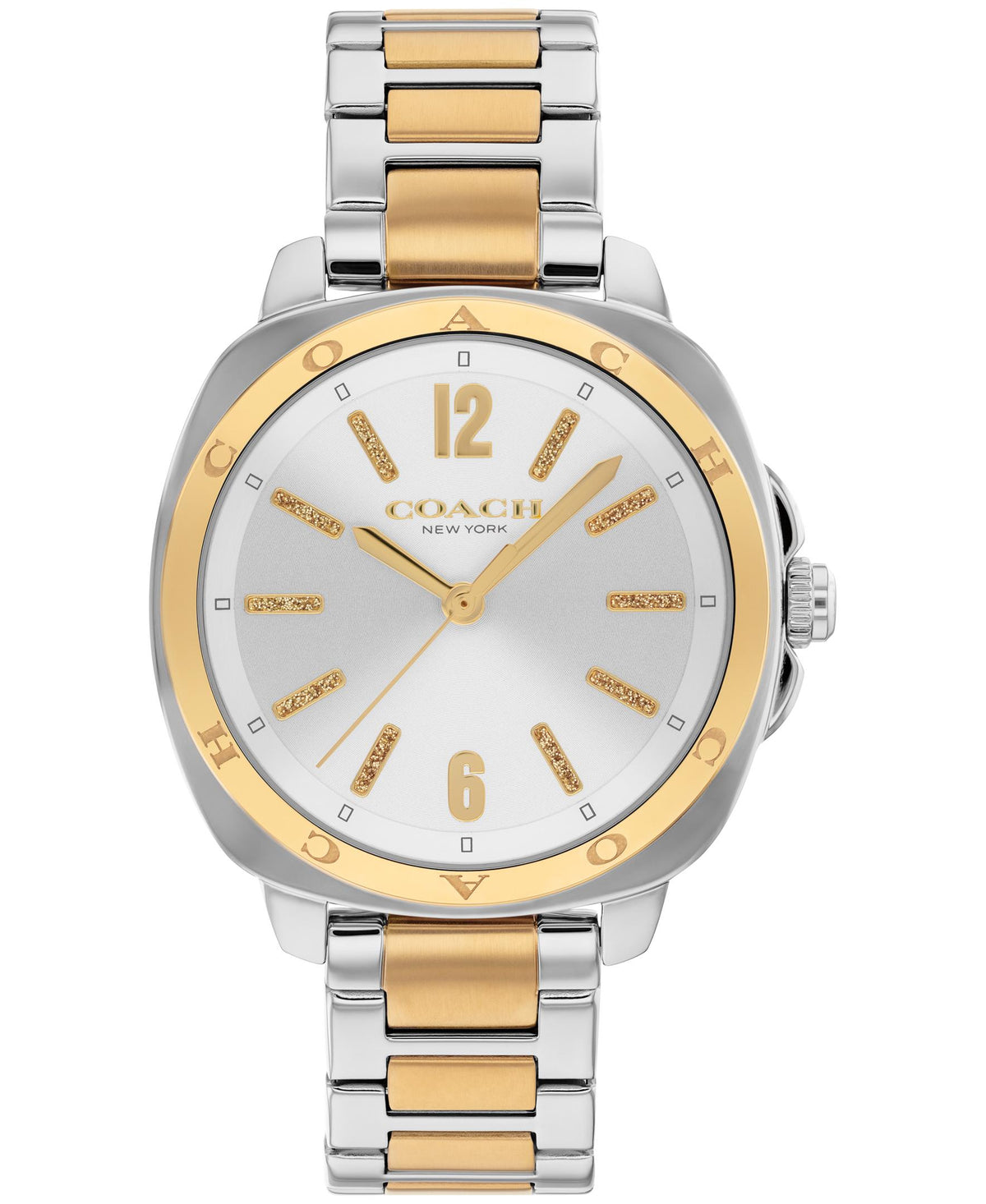 Coach Kitt Ladies. TT/SS Case & Bracelet. Silver White Dial w/ Diamond Dust Markers