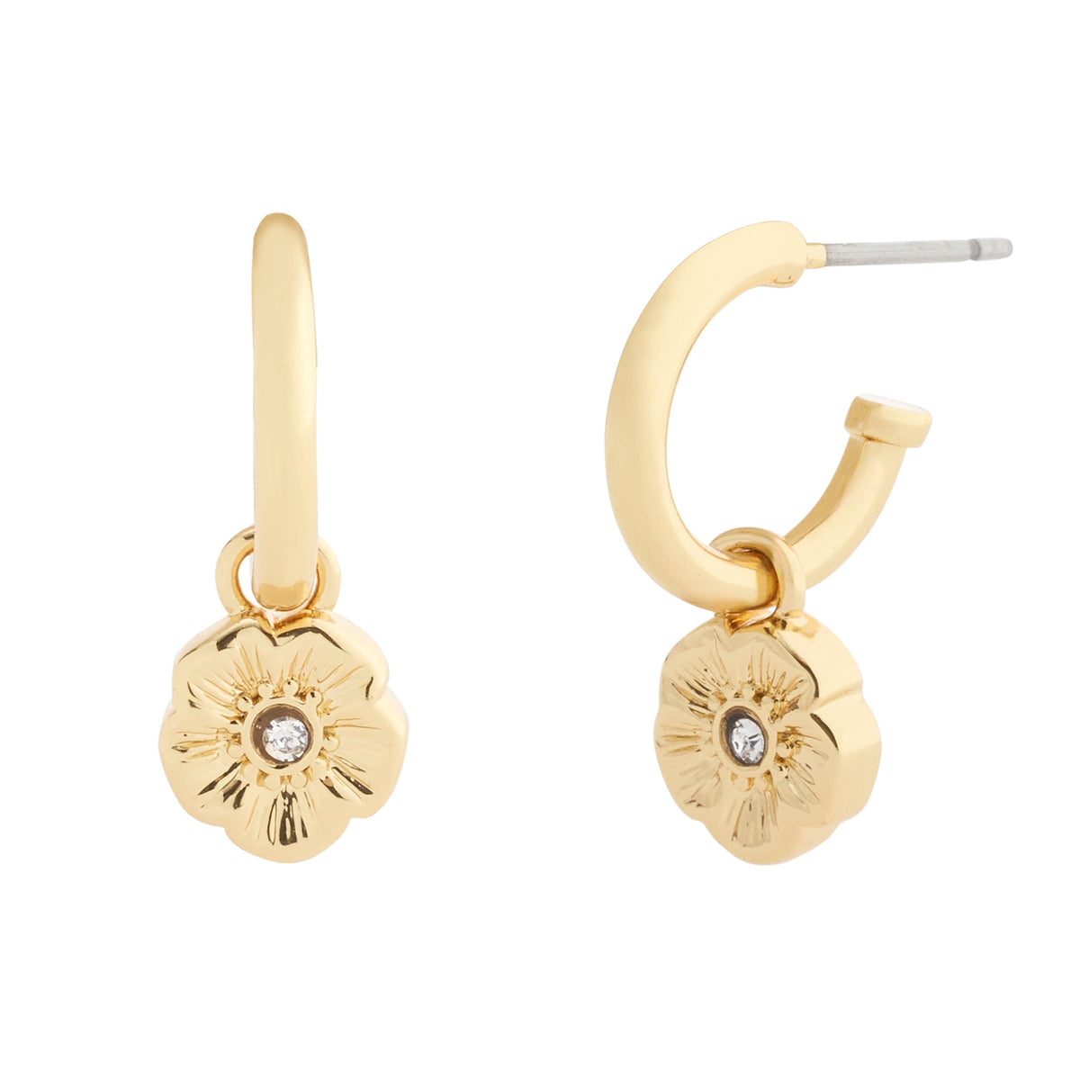 COACH Signature Tea Rose Charm Huggie Earrings - Crystal/Gold