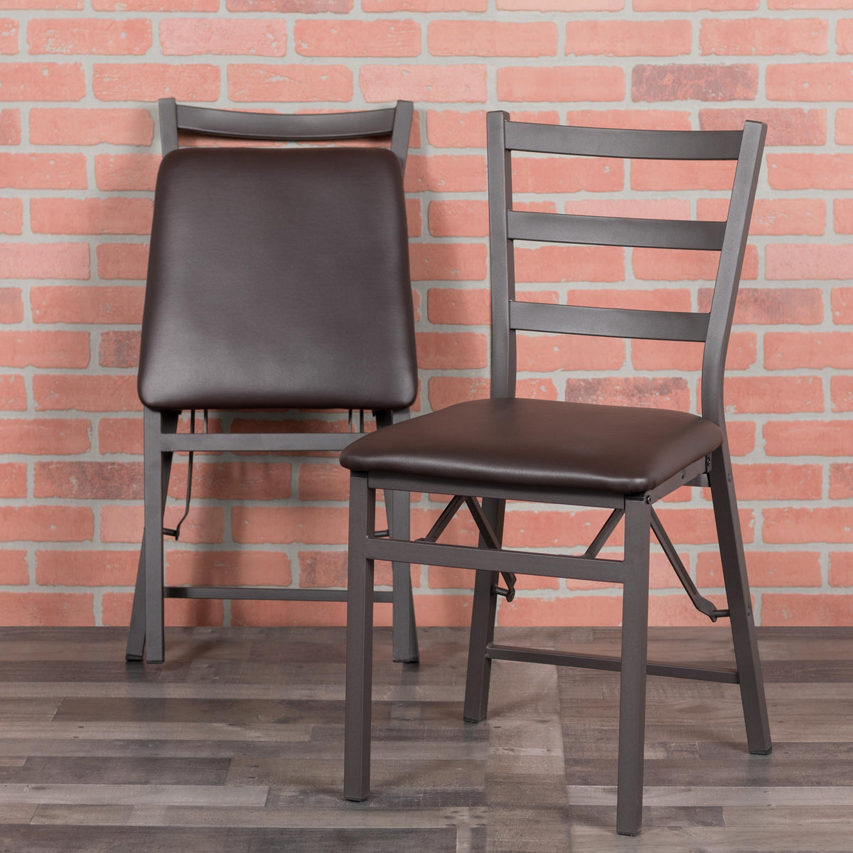 Flash Furniture 2PK Brown Folding Ladder Back Metal Chair - Brown Vinyl Seat