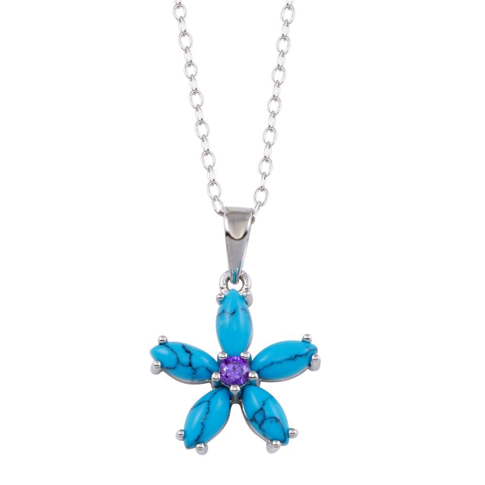 PARIKHS Rhodium Plated Turquoise Flower and Purple CZ Necklace in 925 Sterling Silver