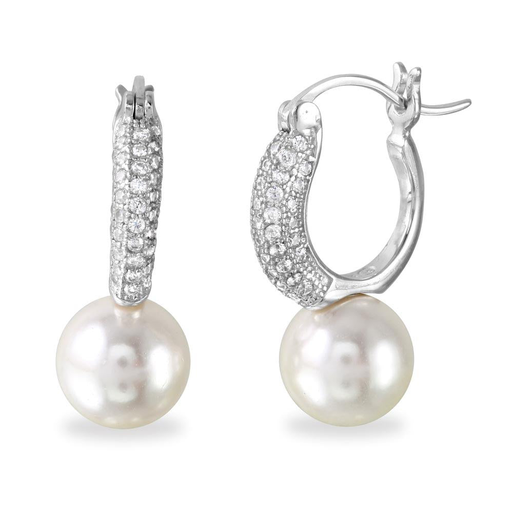 PARIKHS Rhodium Plated Dropped Synthetic Pearl Huggie Earring with CZ in 925 Sterling Silver