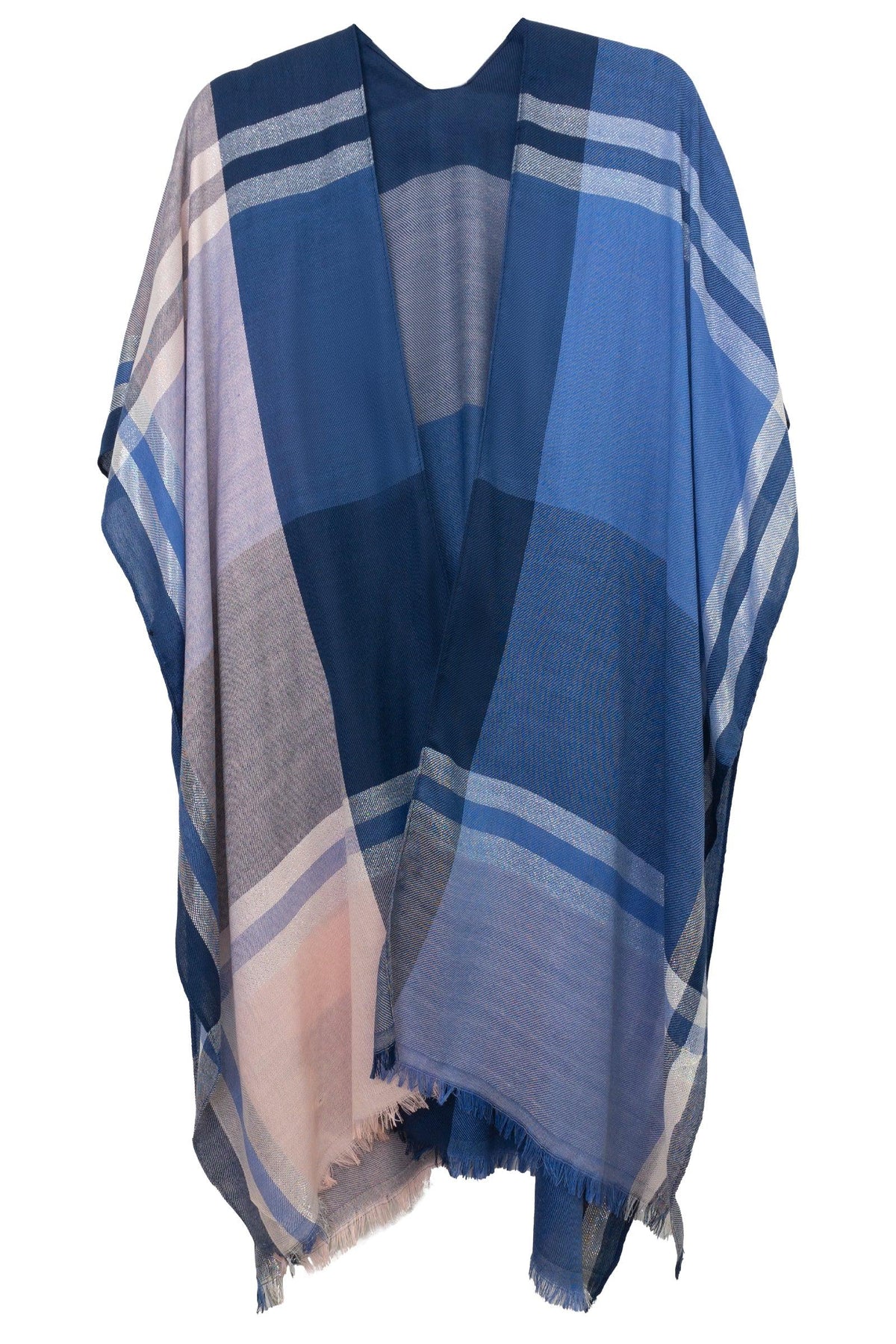 Jessica McClintock Plaid Metallic Kimono with Frayed Edges