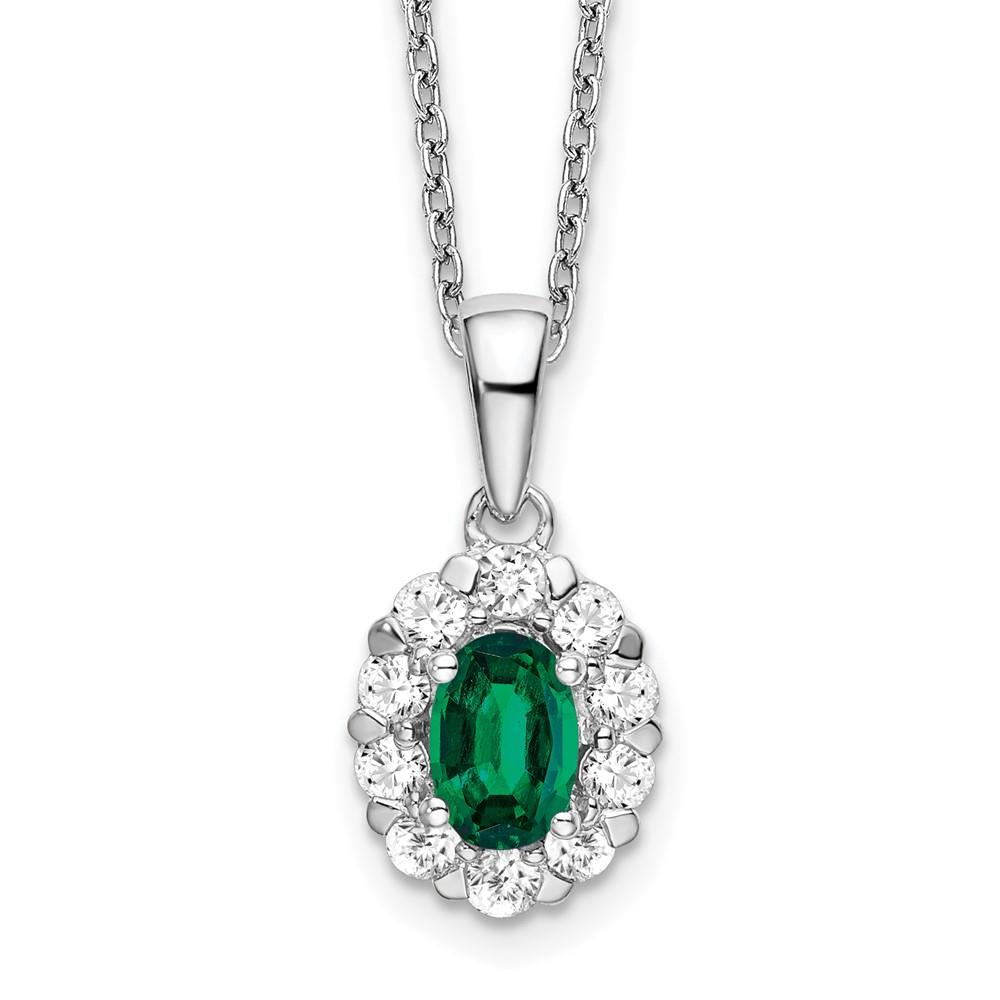 Distinctive 14K White Gold Lab Grown Diamond & Created Oval Emerald Pendant Necklace