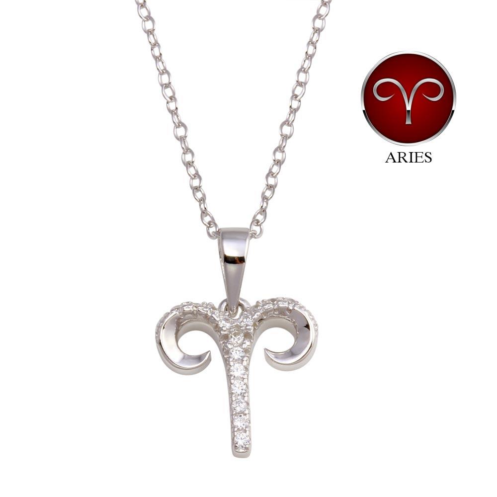 PARIKHS Rhodium Plated Aries CZ Zodiac Sign Necklace in 925 Sterling Silver