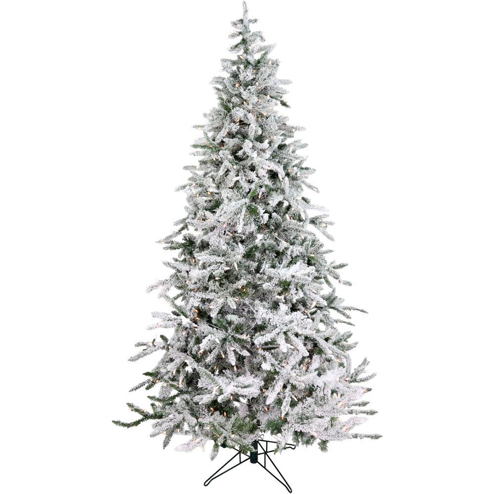 Fraser Hill Farm 7.5-Ft Flocked Mountain Pine Artificial Christmas Tree with White Incandescent Smar