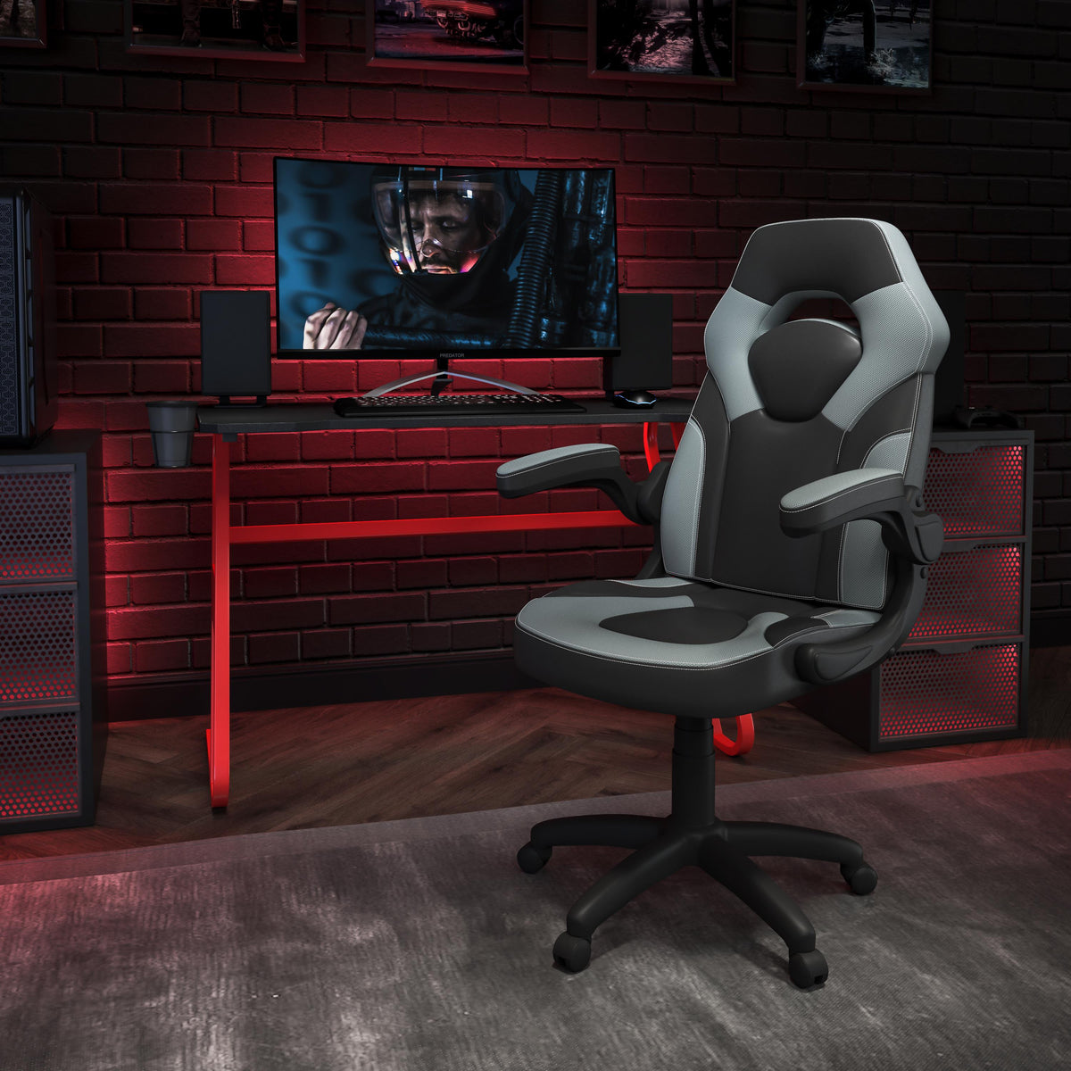 Flash Furniture Desk Bundle - Red Gaming Desk, Cup Holder, Headphone Hook and Gray Chair