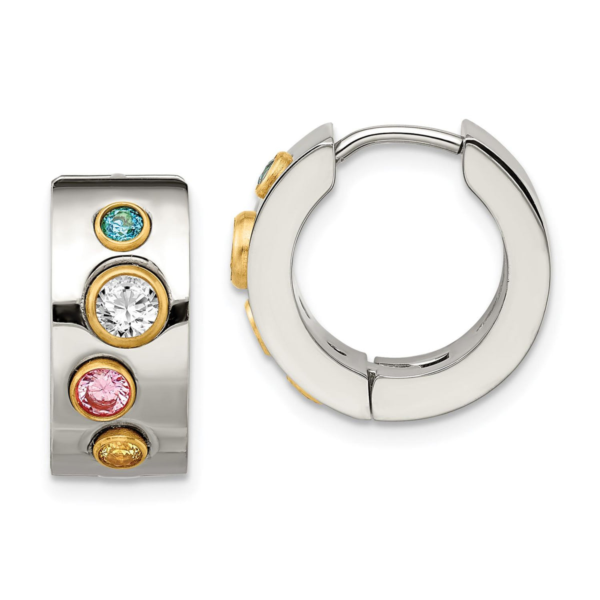 Distinctive Stainless Steel Polished Yellow IP Multicolor CZ 7mm Hinged Hoop Earrings