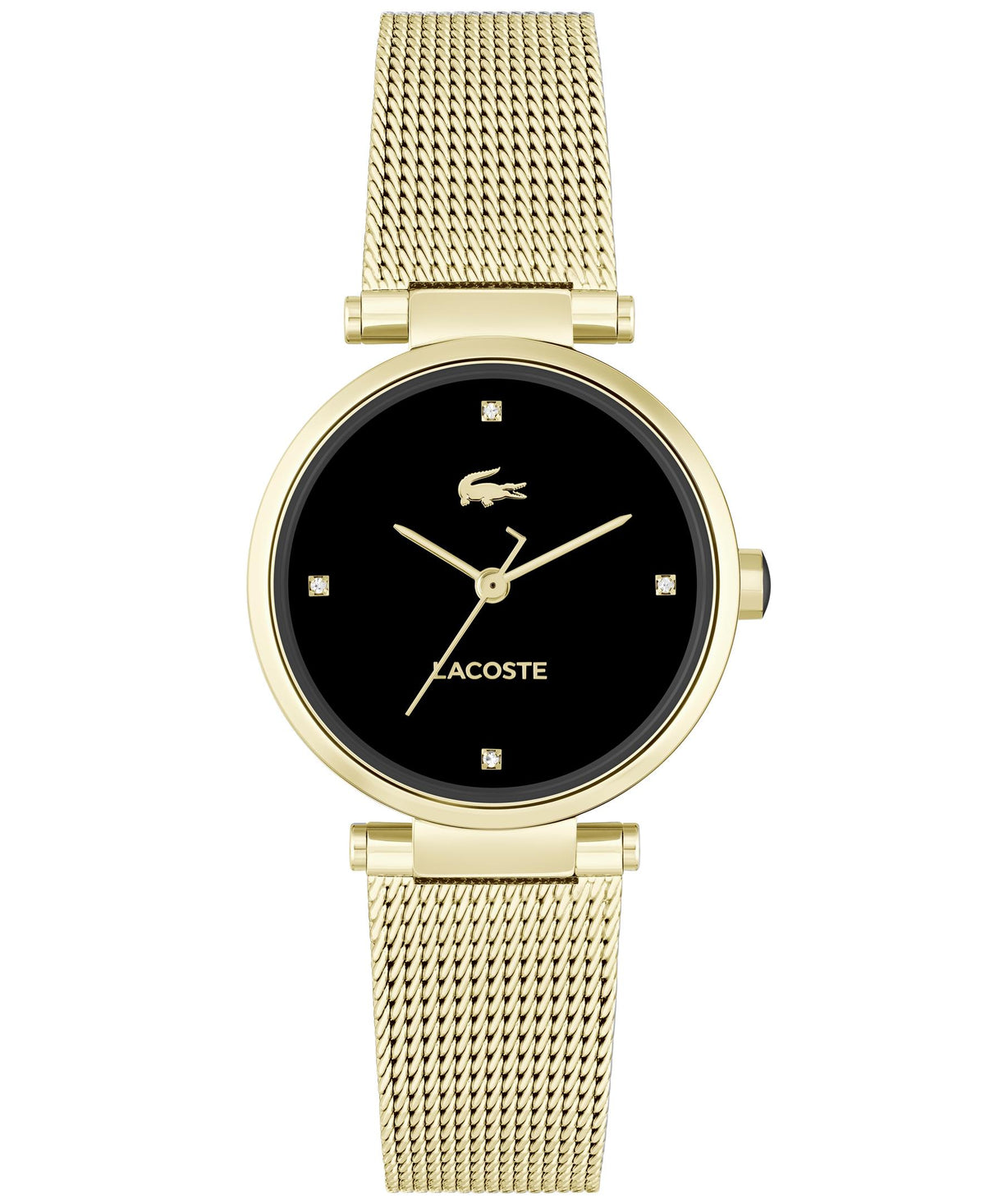 Lacoste Orba Ladies Watch. Gold IP Case & Mesh Bracelet. Black Dial with 4 diamond Markers.