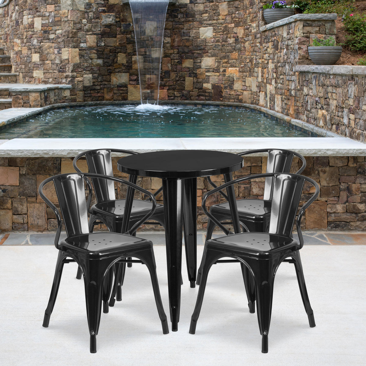Flash Furniture 24" Round Black Metal Indoor-Outdoor Table Set with 4 Arm Chairs