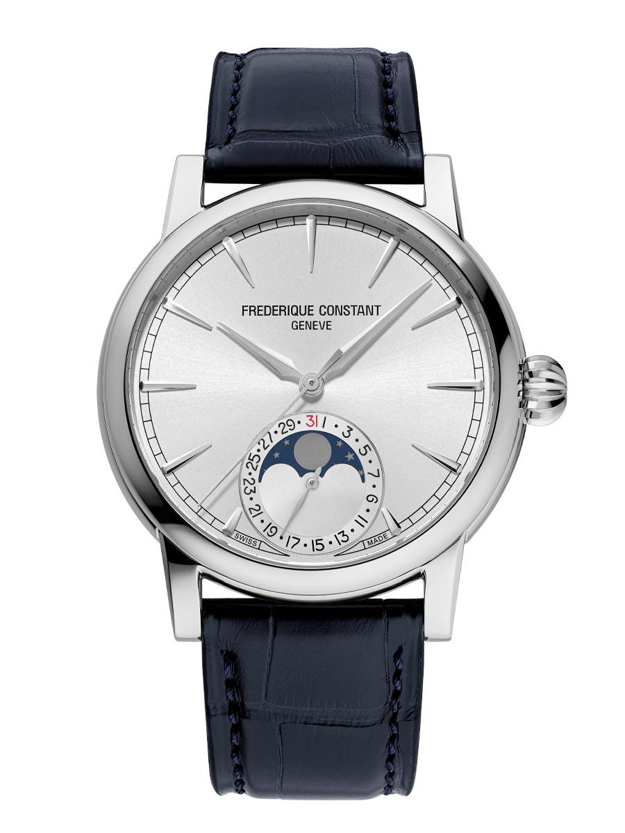 Frederique Constant Men's Classic Moonphase Date Manufacture Genuine Alligator Strap watch, Silver-Tone dial