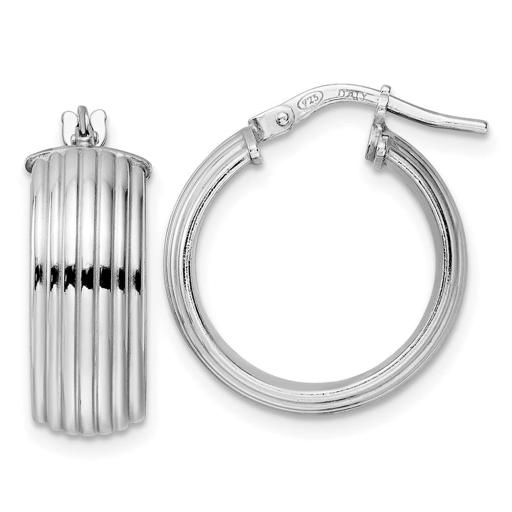 Distinctive Sterling Silver Rhodium Plated Polished Grooved Hoop Earrings
