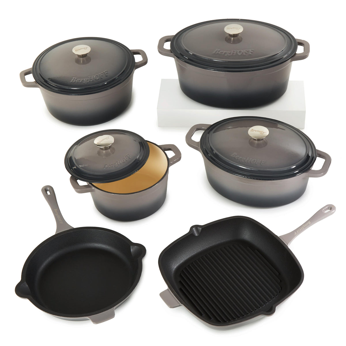 BergHOFF Neo 10pc Cast Iron Cookware Set, Oyster