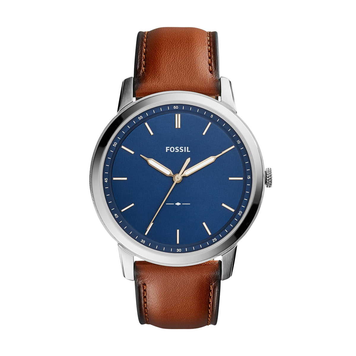 Fossil Mens Minimalist Light Brwn Leather Strap Watch Nvy Blu Dial