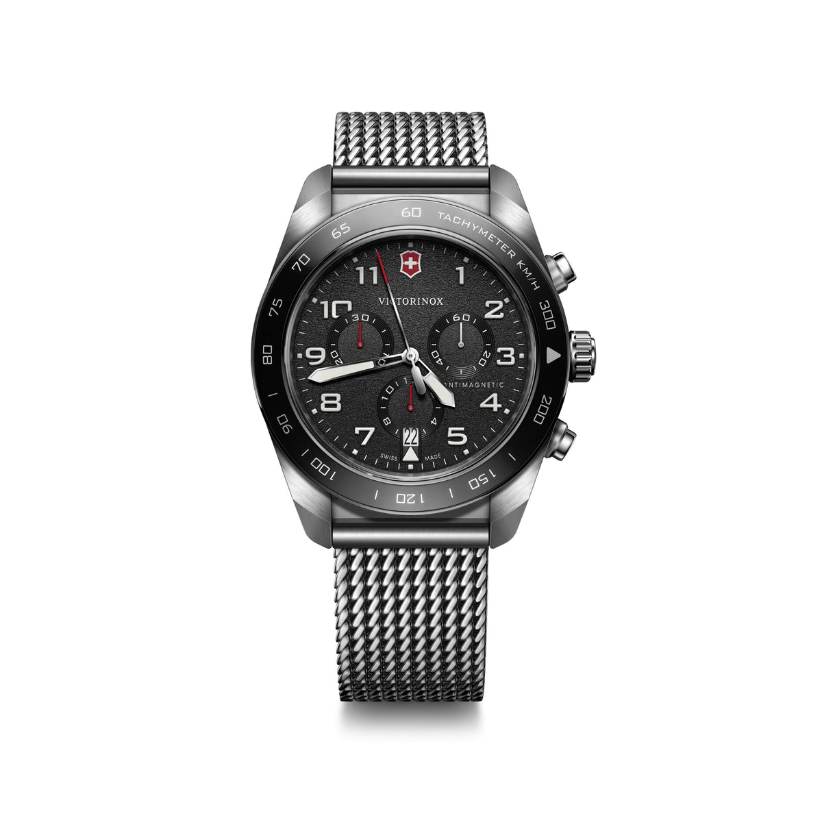 Victorinox Swiss Army Swiss Army Chrono 42mm, silver case, black bezel/dial, steel bracelet
