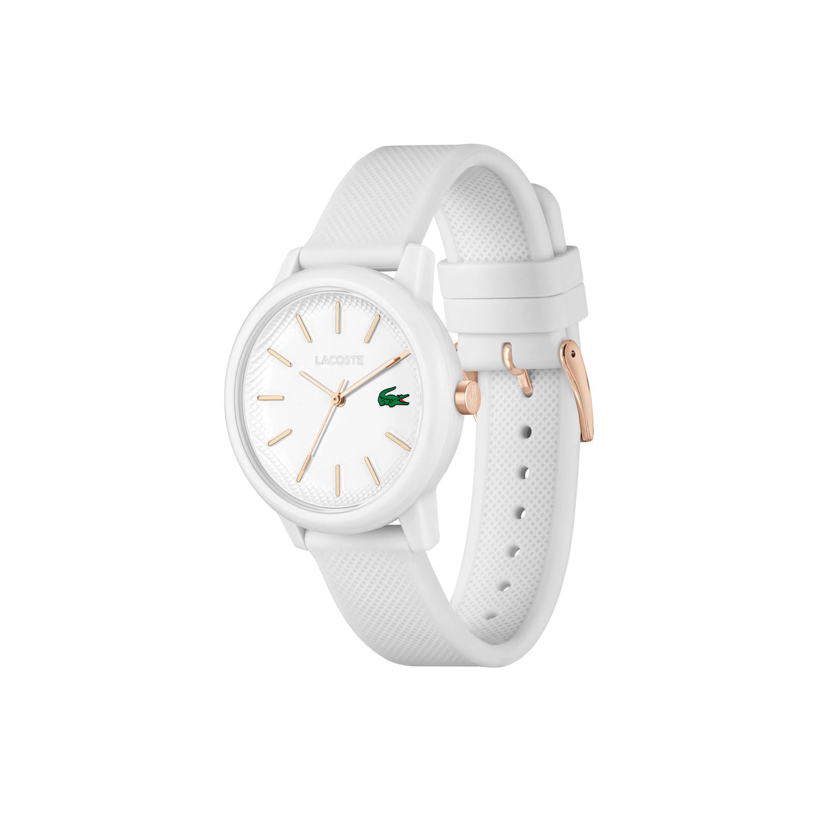 Lacoste Ladies 12.12 Rose Gold & White Silicone Strap Watch White Dial