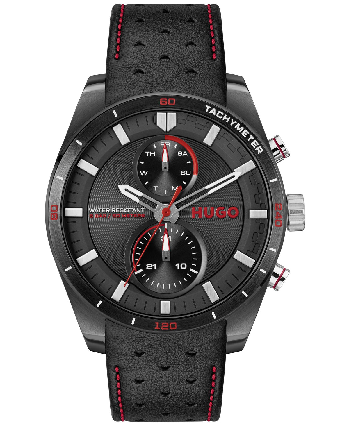 Hugo #Fast Gents. Stainless Steel Case. Black IP Bezel. Black Calfskin Strap. Black Dial.