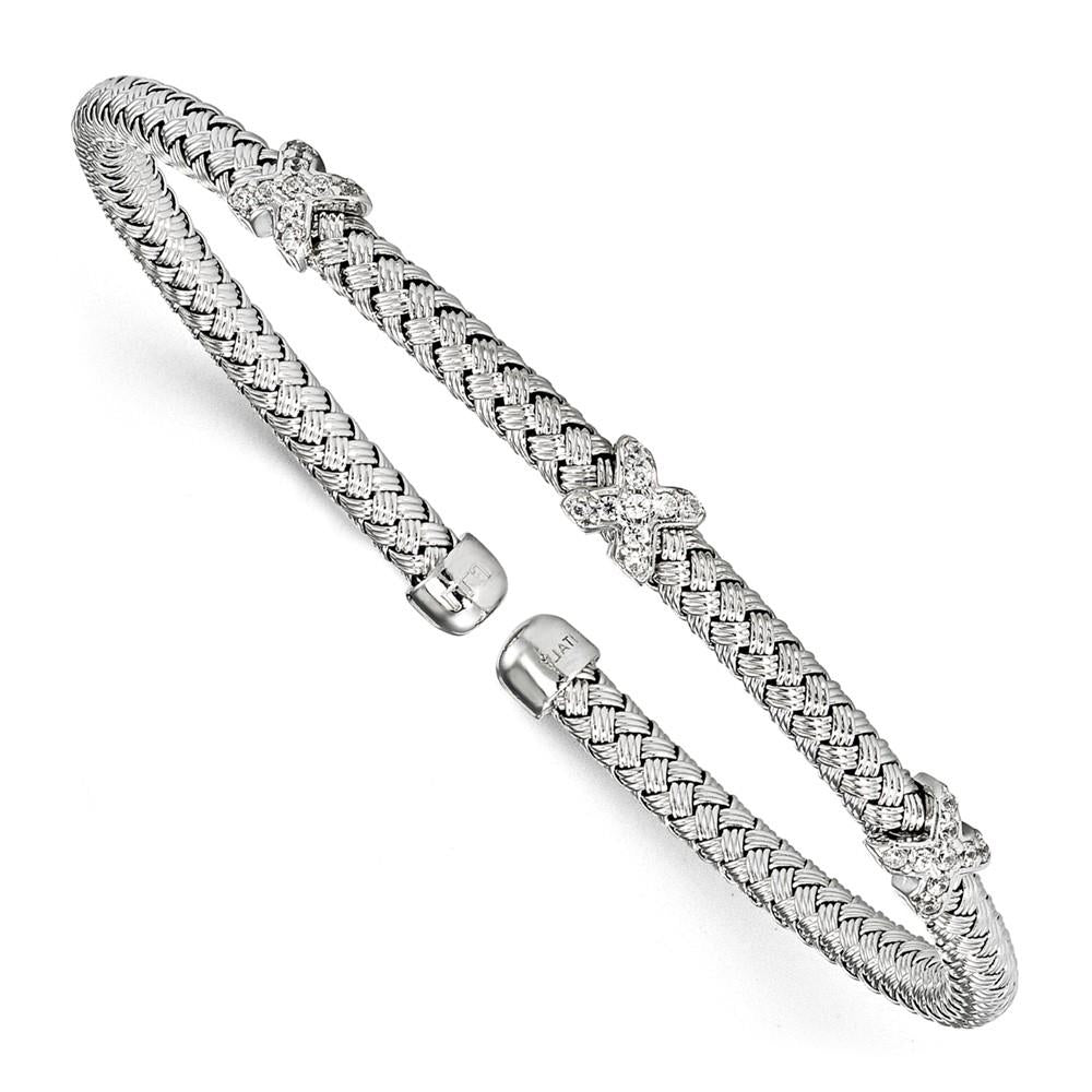 Distinctive Sterling Silver Rhodium-plated CZ Woven Cuff