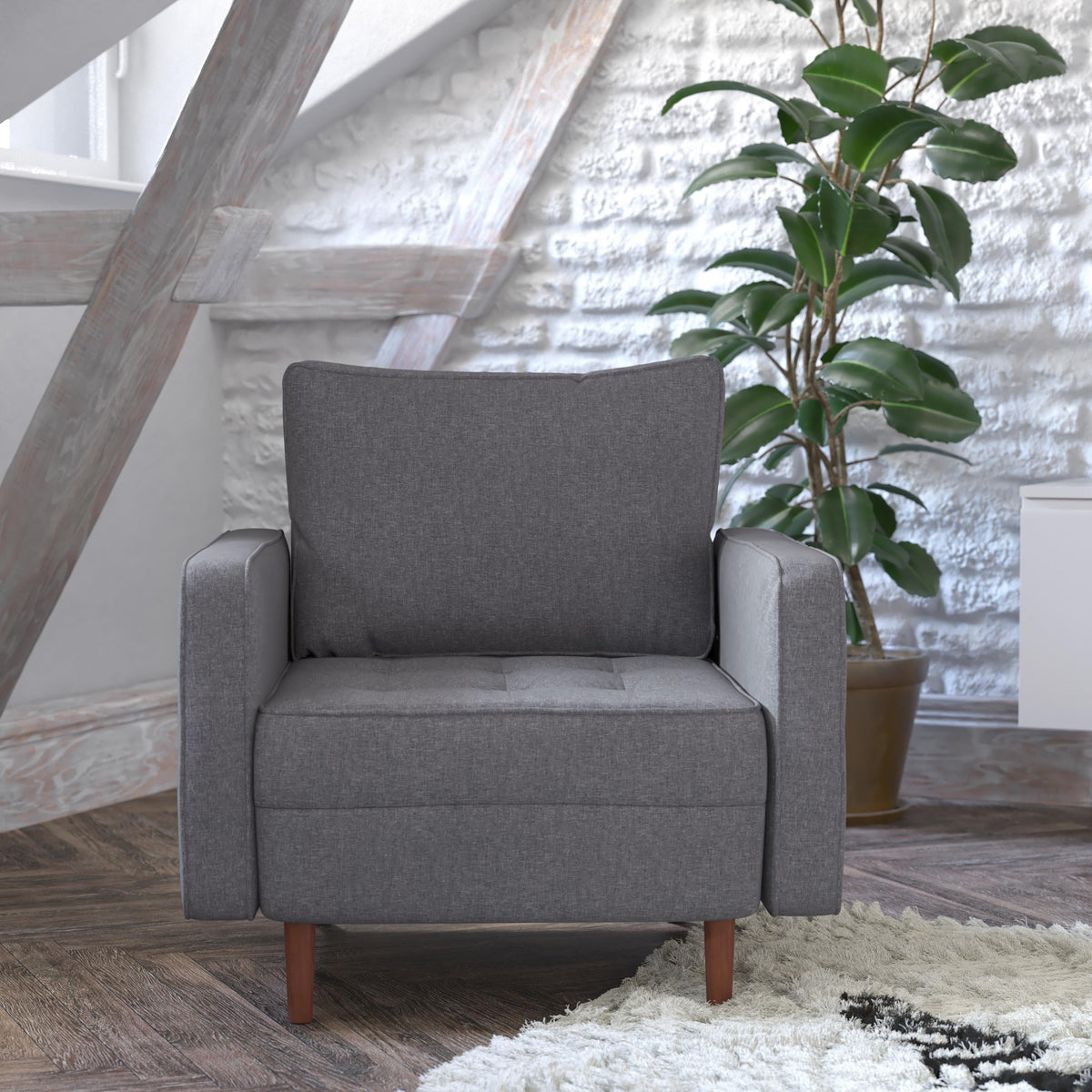 Flash Furniture Compact Dark Gray Faux Linen Upholstered Tufted Chair with Wooden Legs