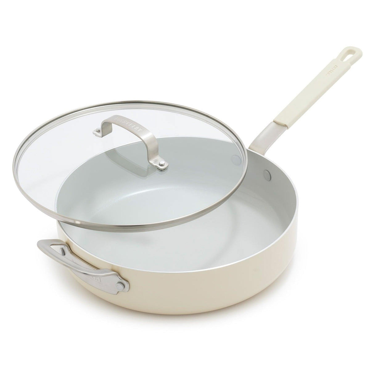 Bobby Flay Profesisonal Ceramic Nonstick Aluminum 4.5qt Saute Pan w/ Lid Cream