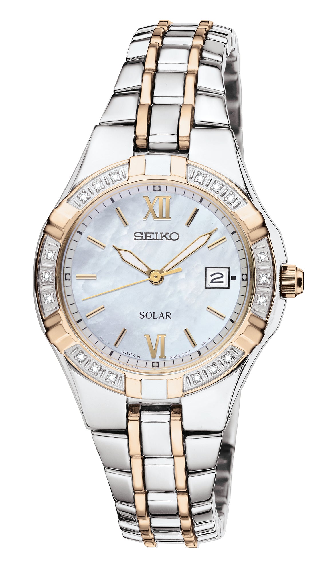 Seiko Ladies Solar 2-tone Watch w/Diamond Bezel, MOP Dial