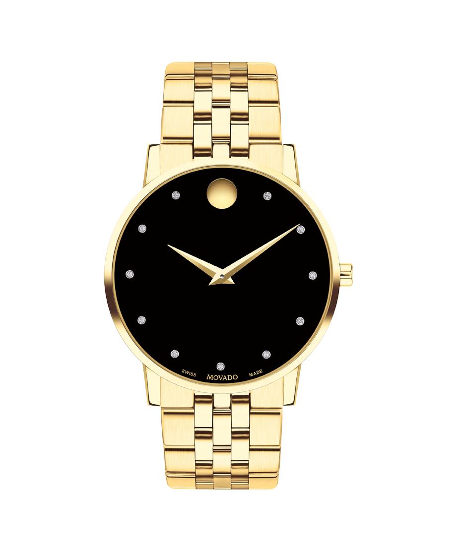 Movado Museum Classic Gents. Yellow Gold PVD Case and bracelet. Black Dial w/Diamond Markers.