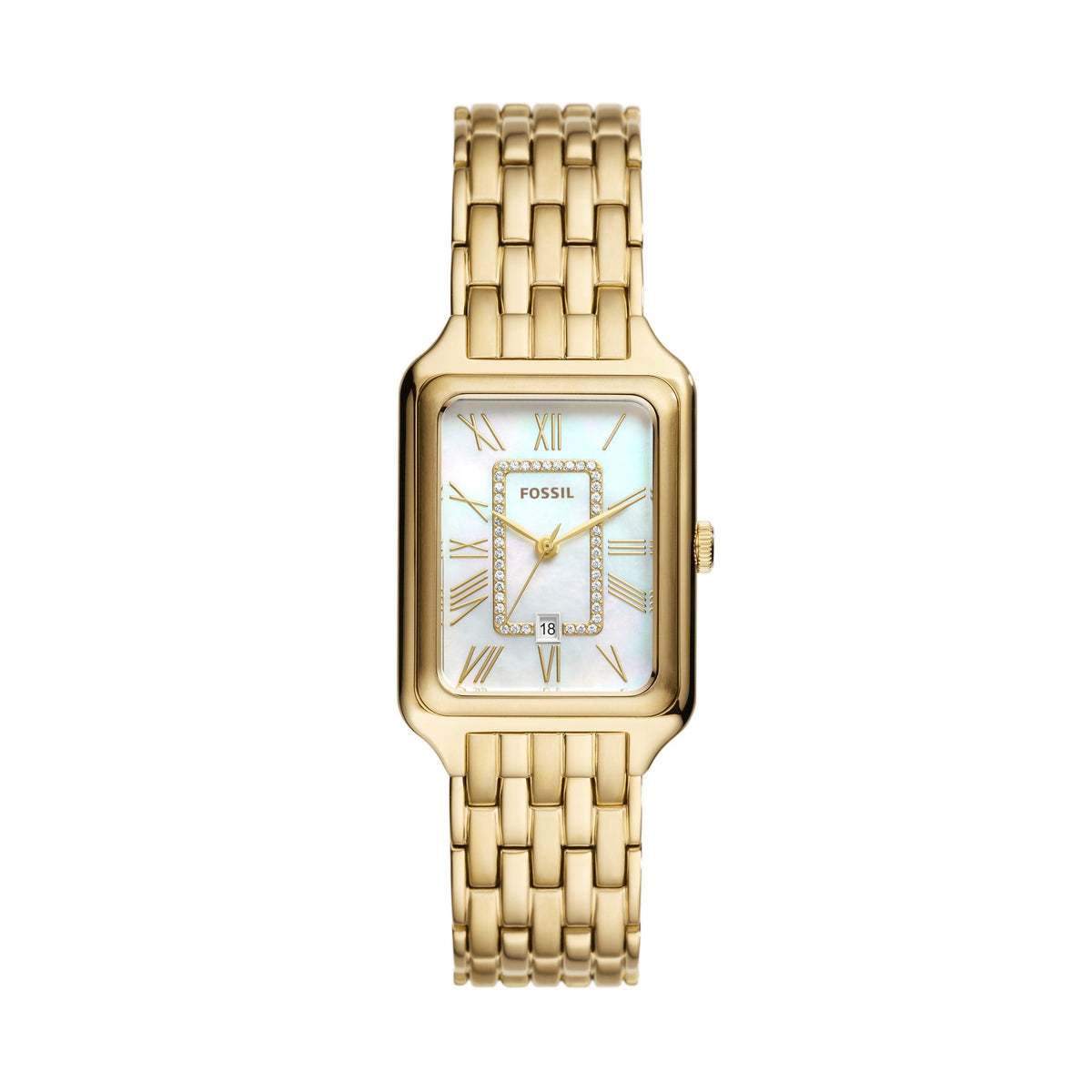Fossil Ladies' Raquel Gold-Tone Stainless Steel Rectangular Watch MOP Dial