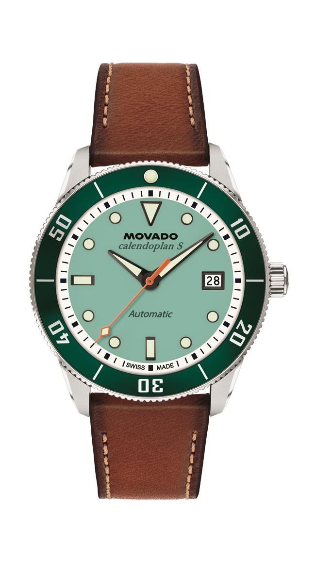 Movado Automatics Heritage calendoplan Automatic Gents. SS & Green aluminum Case. Cognac Leather Strap. Aqua Dial.