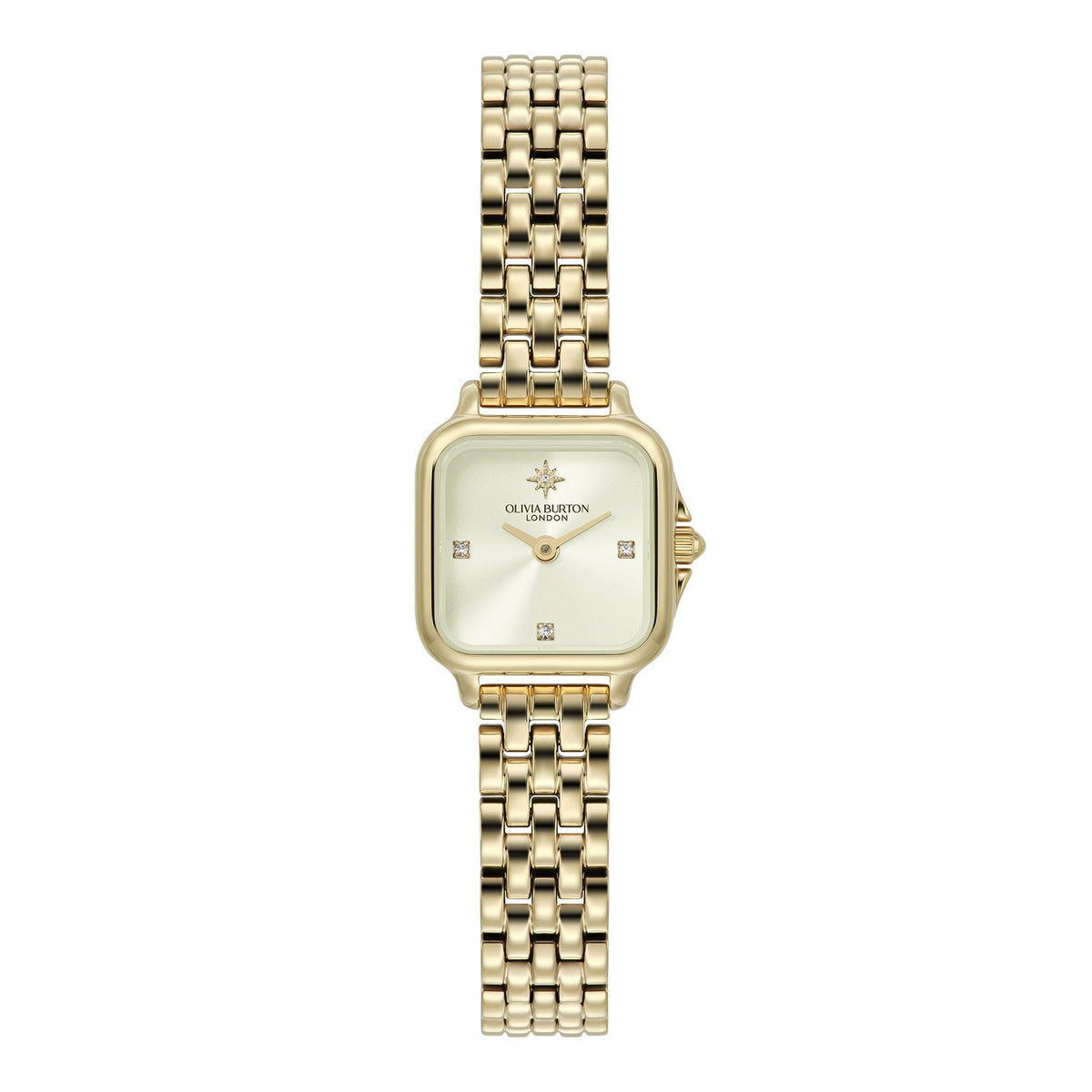 Olivia Burton Grosvenor mini. IP Gold Steel case & link bracelet. Black dial with North Star