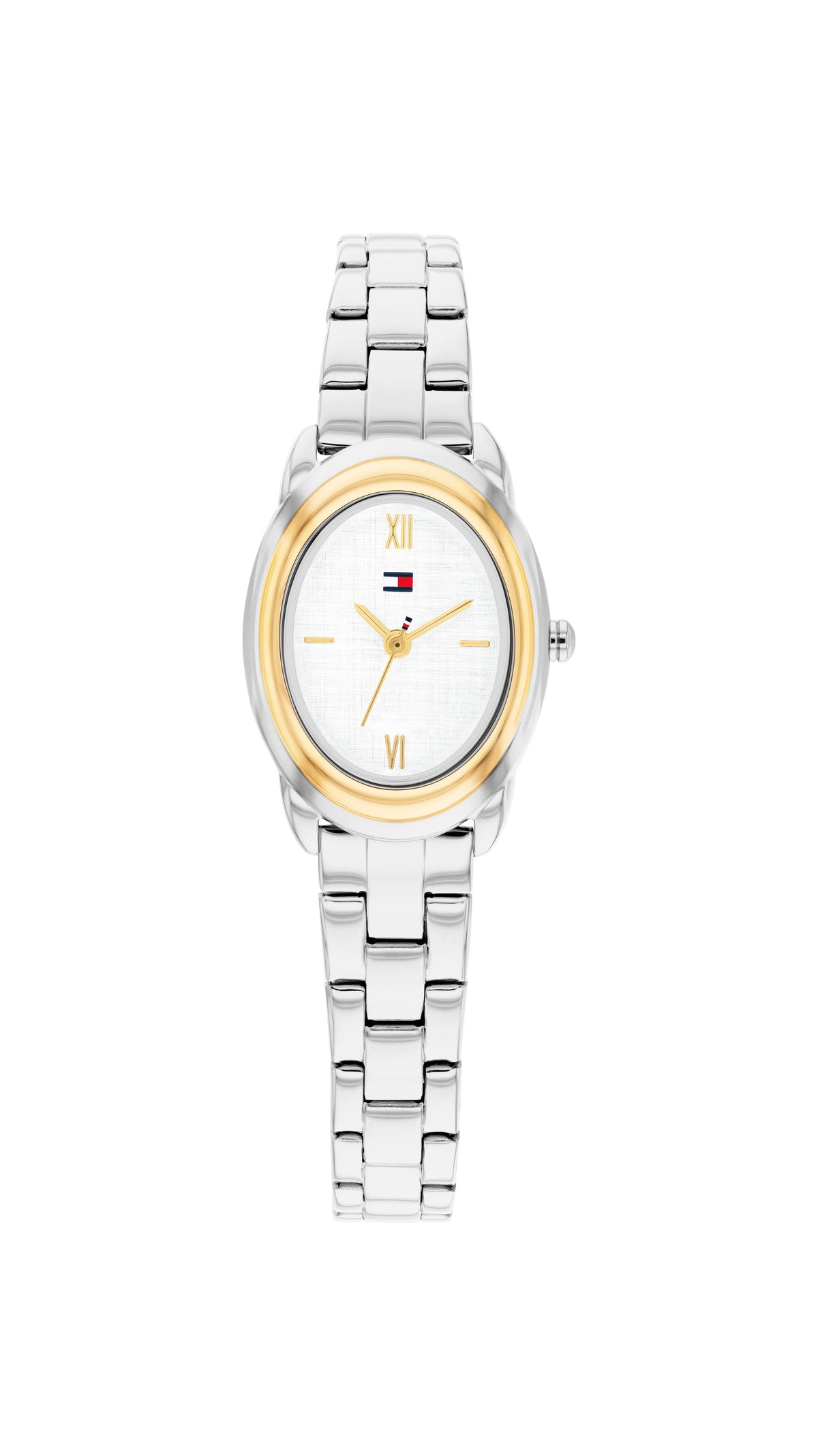 Tommy Hilfiger Ladies. Stainless Steel Case with IP Gold bezel & SS Bracelet. Champagne Dial