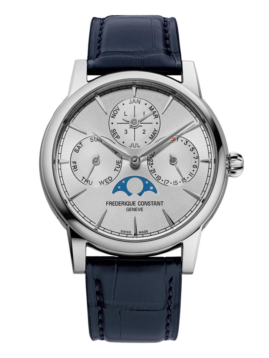 Frederique Constant Men's Perpetual Calendar Manufacture Genuine Crocodile Strap watch, Silver-Tone dial