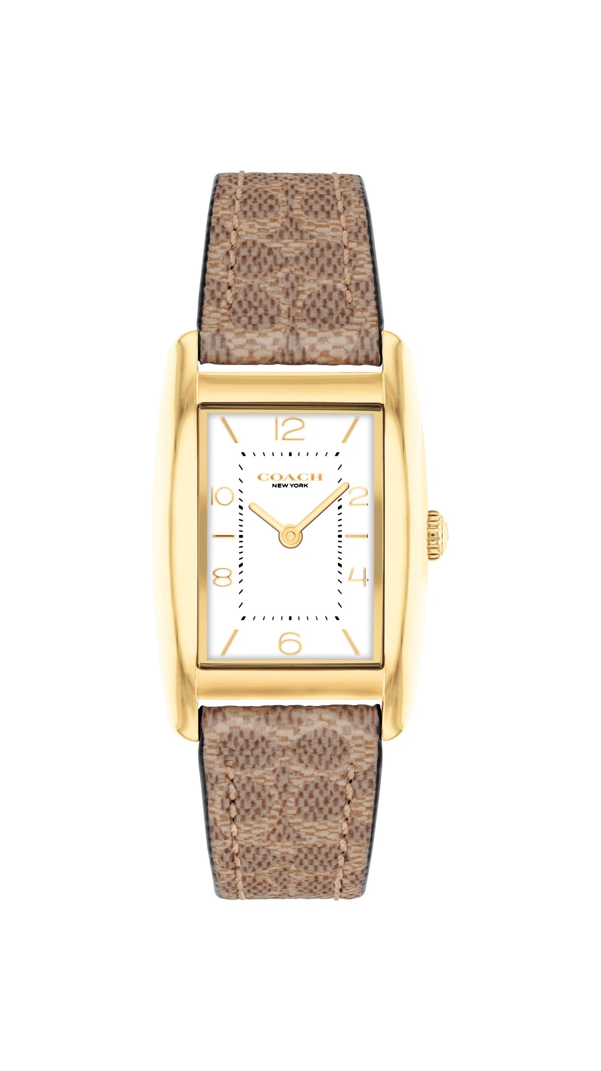 Coach Reese Ladies. Gold Plated Case. Tan Signature C canvas Strap. White Satin Dial.