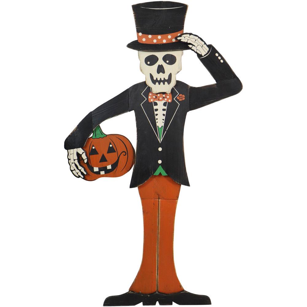 Haunted Hill 46-In. Skeleton Holding a Carved Pumpkin Wood Yard Stake for Halloween Decoration