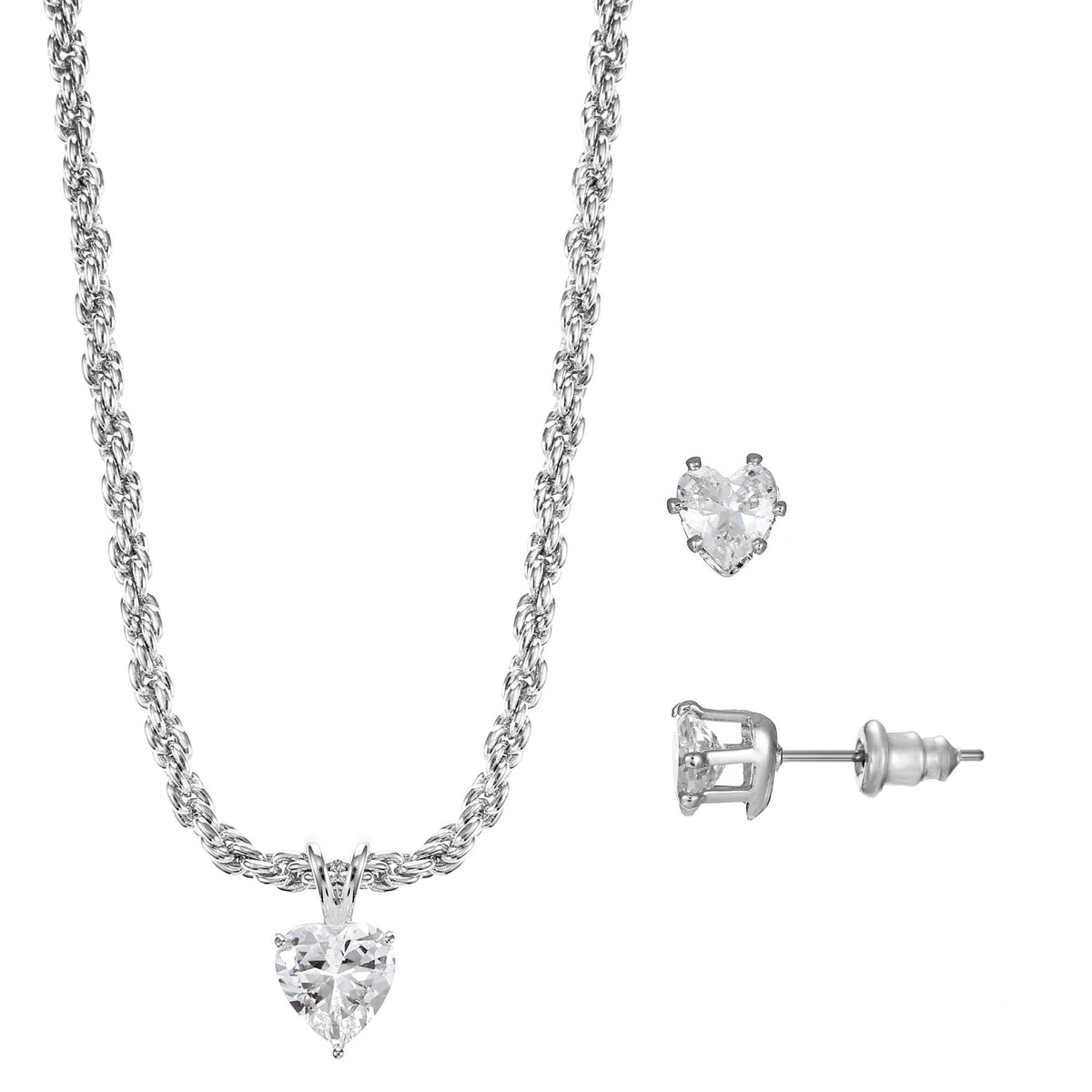 Joyful Sentiments Heart Pendant with CZ Heart and Stud Earrings Set - Silver