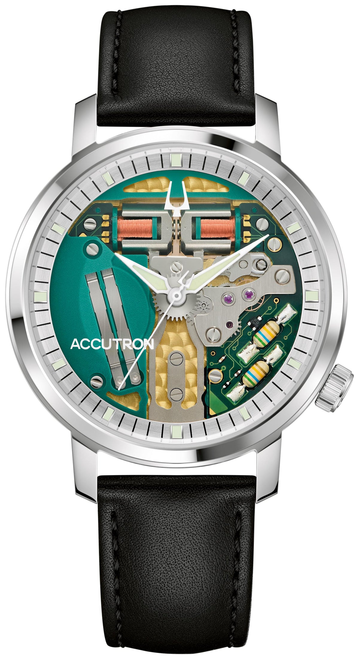 Accutron Men's Spaceview 314 Stainless Steel case Leather Strap watch, Colorless dial