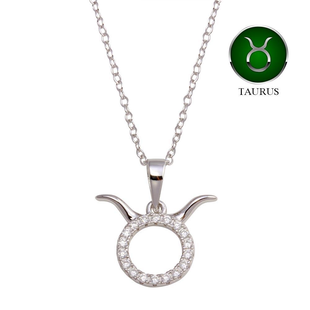 PARIKHS Rhodium Plated Taurus CZ Zodiac Sign Necklace in 925 Sterling Silver