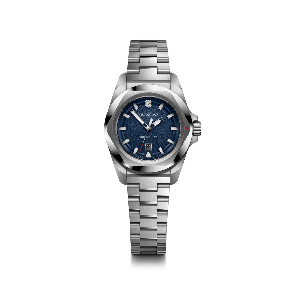Victorinox Swiss Army I.N.O.X. 32mm, silver stainless steel case and bezel, blue dial, silver stainless steel bracelet