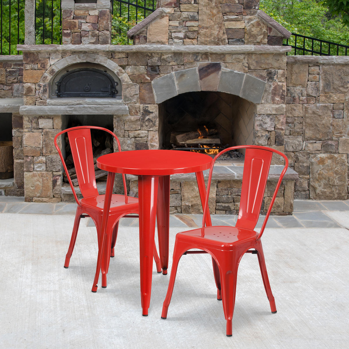 Flash Furniture 24" Round Red Metal Indoor-Outdoor Table Set with 2 Cafe Chairs - Patio Set