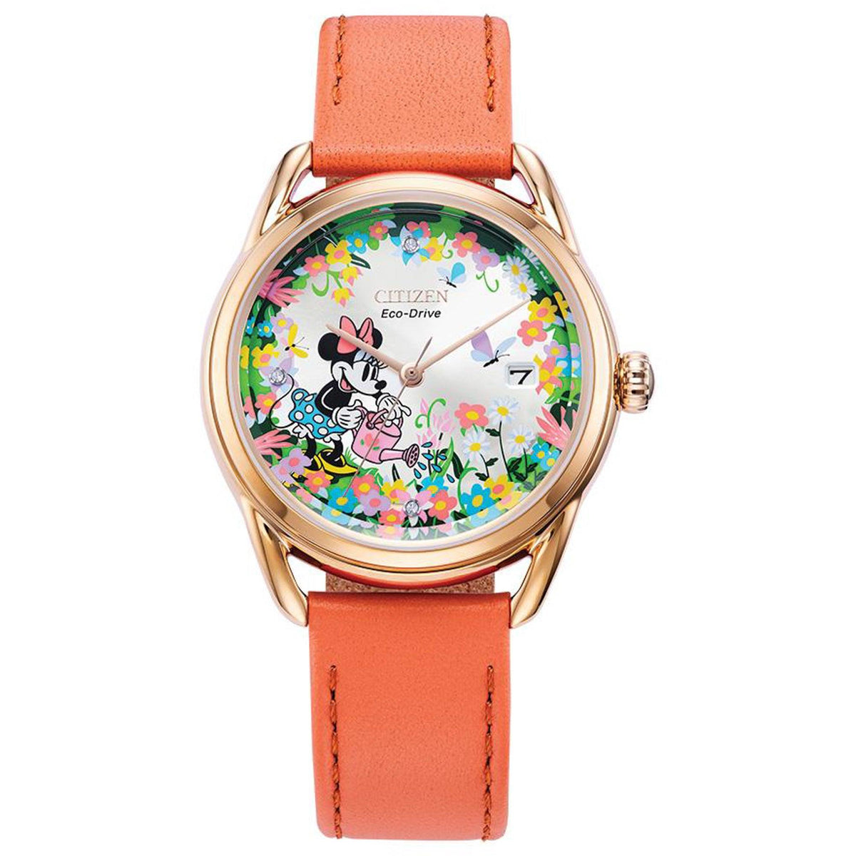 Disney by Citizen Ladies' Gardening Minnie Eco-Drive Coral Leather Strap Watch Silver Dial