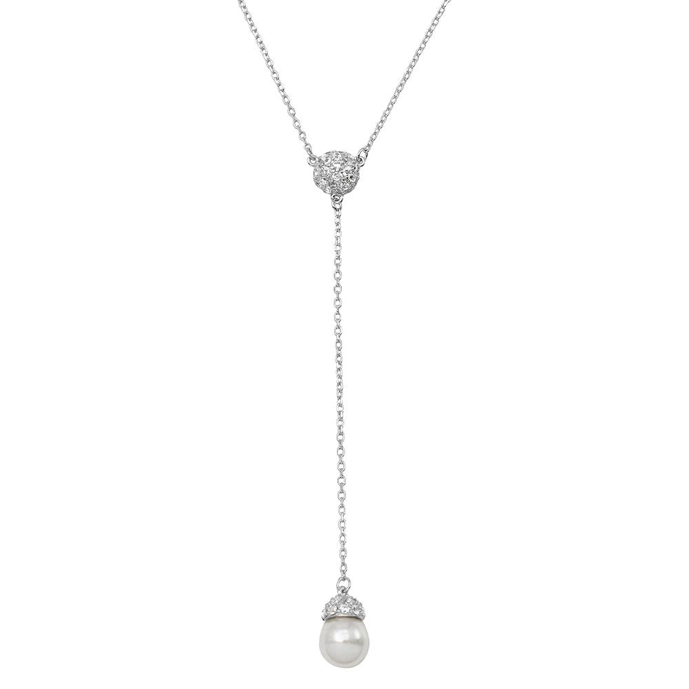 PARIKHS Rhodium Plated CZ Drop Synthetic Pearl Necklace in 925 Sterling Silver