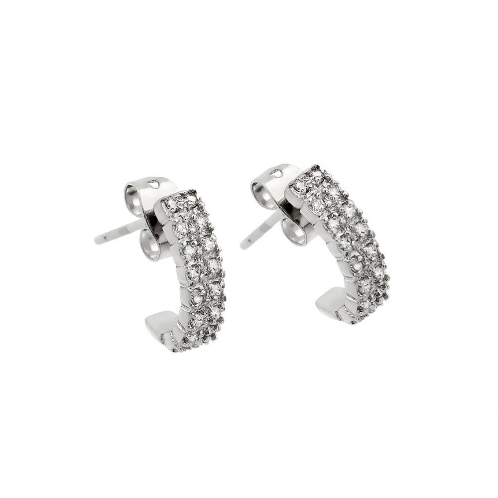 PARIKHS Rhodium Plated Crescent Clear CZ Inlay Semi-Huggie Earring in 925 Sterling Silver