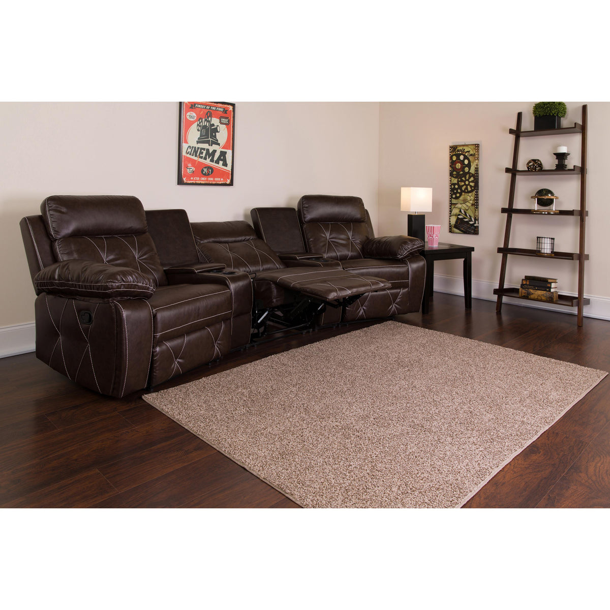Flash Furniture 3-Seat Reclining Brown LeatherSoft Theater Seating Unit with Curved Cup Holders