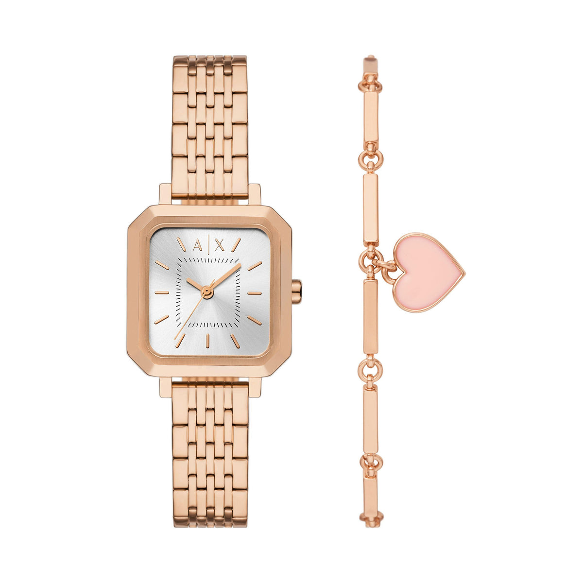 Armani Exchange Ladies Leila Rose Gold-Tone Stainless Steel Square Watch Gift Set