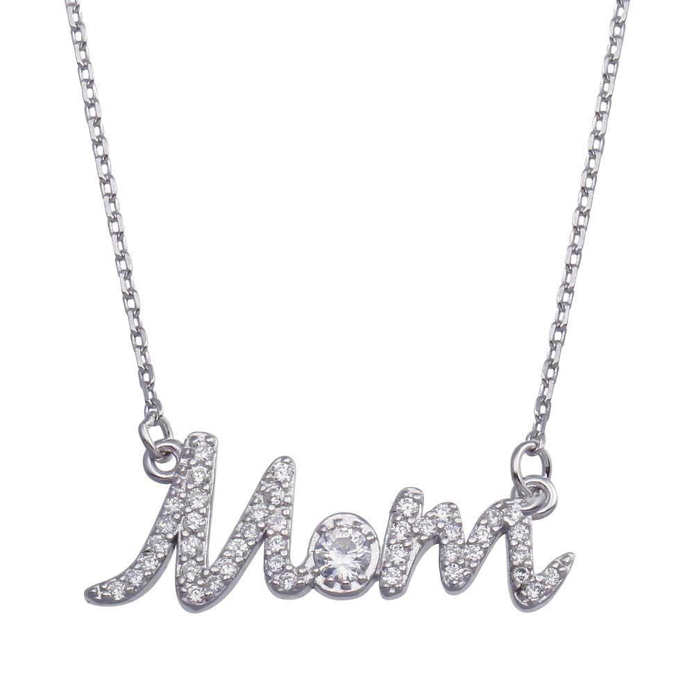 PARIKHS Rhodium Plated Clear CZ Script MOM Necklace in 925 Sterling Silver