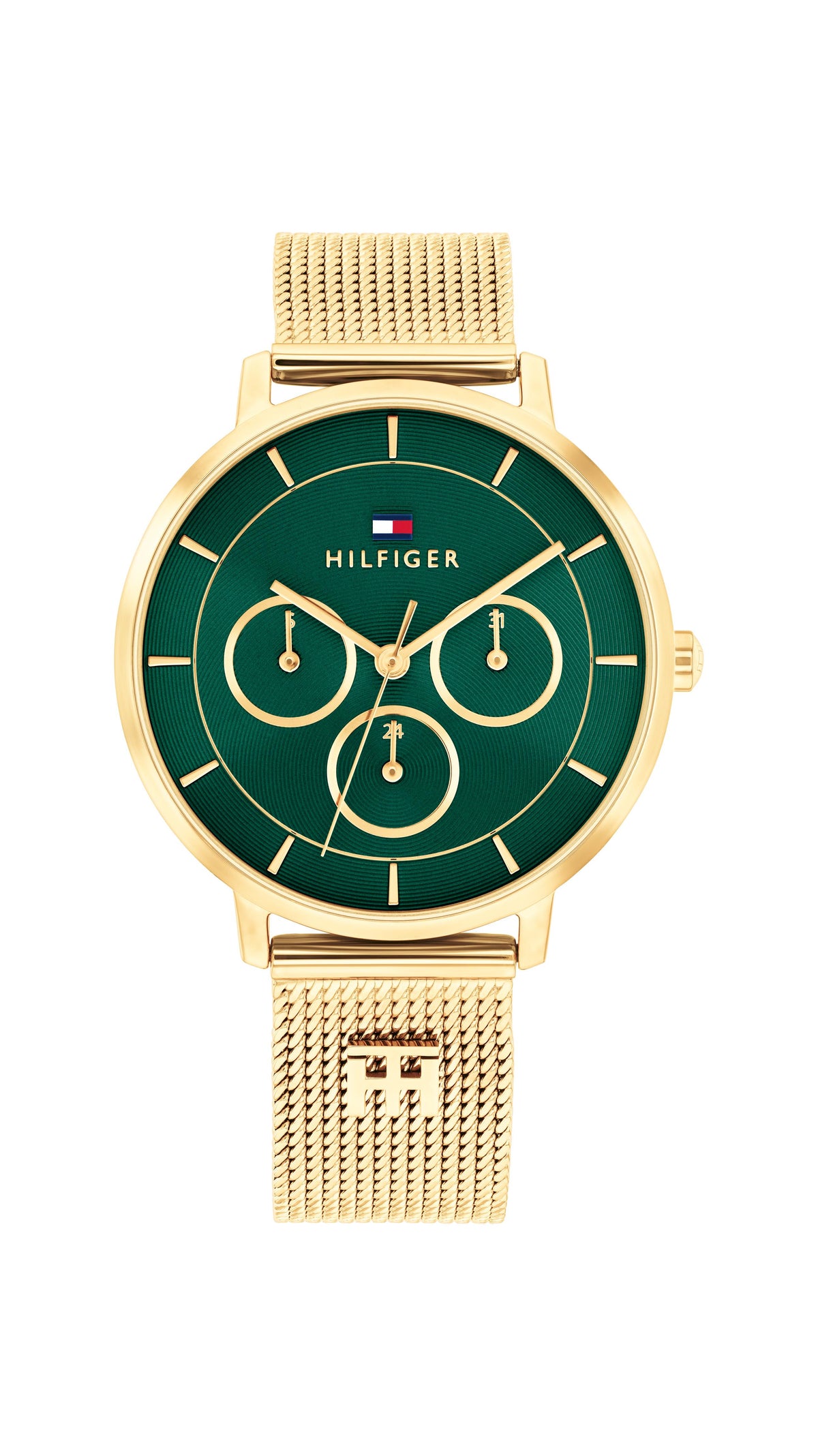 Tommy Hilfiger Ladies. Gold Plated case and Mesh Bracelet. Emerald Green Multi-function Dial