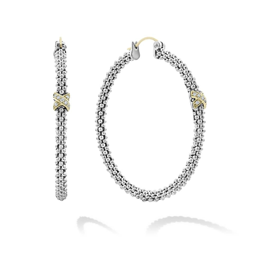 Lagos Large X Diamond Caviar Hoop Earrings Size 35mm