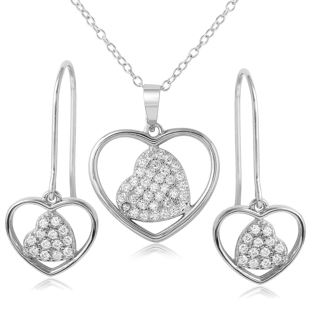PARIKHS Rhodium Plated Double Heart CZ Necklace-Earring Set in 925 Sterling Silver