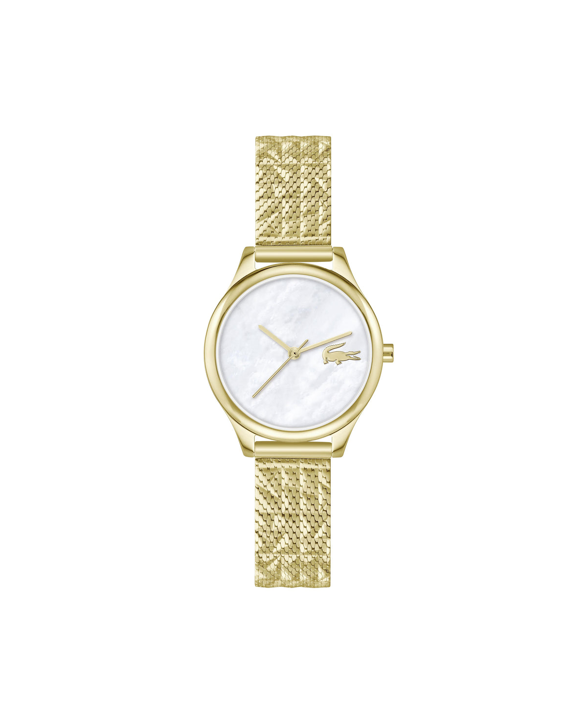 Lacoste Mini Crocodelle Ladies. Yellow Gold IP Case and textured Mesh bracelet. White Faux MOP Dial